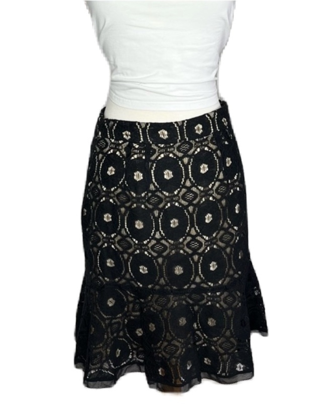 Ann Taylor Black Lace Midi Skirt with Sheer Pattern 2P